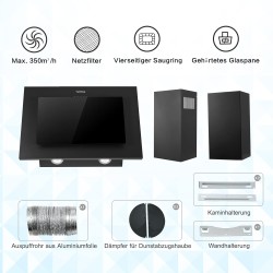 TopStrong Hottes Aspirantes 60cm, Class A++ Hotte Cuisine inclinée Silencieuse, 350m³/h Hotte aspirante Evacuation ou Recyclage,