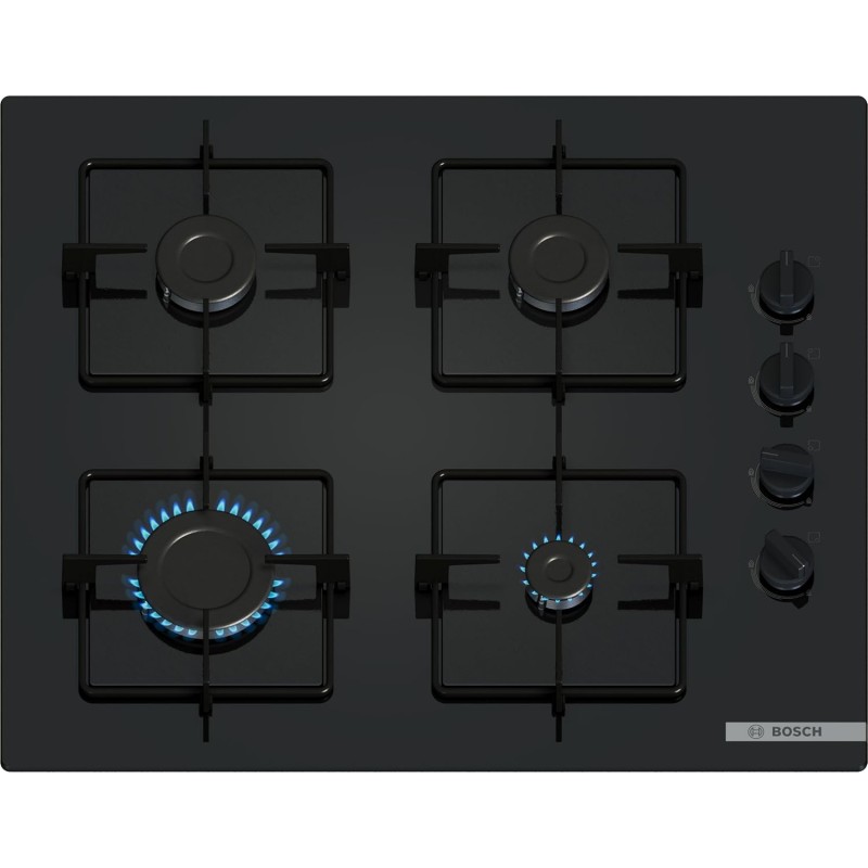 Bosch POP6B6K30, Série 2, Plaque gaz, 4 feux, 60 cm, Verre trempé noir