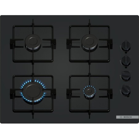 Bosch POP6B6K30, Série 2, Plaque gaz, 4 feux, 60 cm, Verre trempé noir