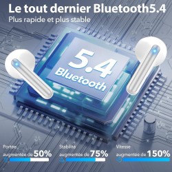 Ecouteurs bleutooth sans fil, écouteurs sans fil bleutooth 5.4, 6 micro enc anti bruit, basses puissantes, 60h de lecture, étanc