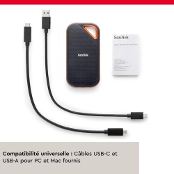SanDisk Extreme PRO Disque SSD Externe 2 To (Portable NVMe SSD, jusqu'à 2000 Mo/s en lecture / écriture, USB-C, Résistance à la 