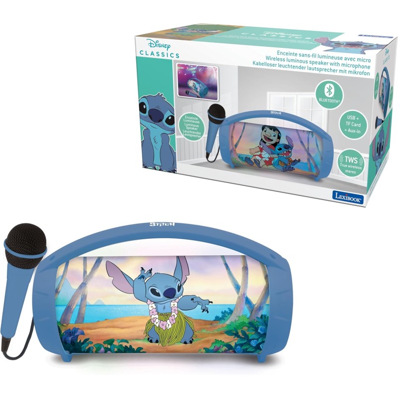 Lexibook, Disney Stitch, Enceinte Haut-Parleur sans Fil Lumineuse avec Micro, Son stéréo, Fonction karaoké, Ports USB et Carte S