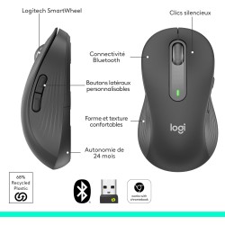 Logitech signature m650 l left souris sans fil - pour grandes mains gauches, pile 2 ans, clics silencieux, boutons de côtés prog
