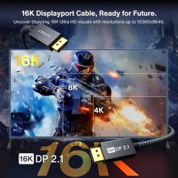 IVANKY Câble DisplayPort 16K 2.1/2.0 2M, 4K@240Hz/165Hz/144Hz, 16K@60Hz, 8K@120Hz, 2K@240Hz, Câble DP 2.0 Compatible avec HDR10,