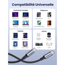 Uvert lot de 2 câble usb c vers usb c pd 100w 5a 20v charge rapide compatible avec macbook ipad pro iphone 17 pro max air 16 gal