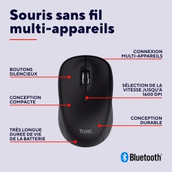Trust yuki souris sans fil silencieuse bleutooth + 2.4ghz avec pile pour gauchers et droitiers, 75% plastique recyclé, souris bl