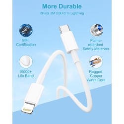 Câble USB C vers Lightning 2M-Lot de 2[Certifié MFi], Cable iPhone USB C Cable Chargeur USBC Câble Lightning Cable Charge Rapide