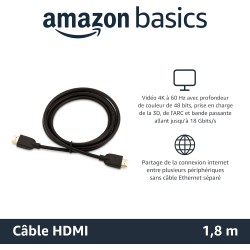 Amazon Basics Câble HDMI 4K de 1.8 m - Haute Performance 18 Gbps avec Ethernet, 4K@60Hz, 2160p, Noir