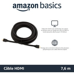 Amazon Basics Câble HDMI 4K de 7.6 m- Haute performance 18 Gbps avec Ethernet, 4K@60Hz, 2160p, Noir