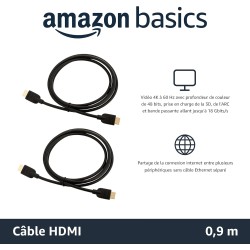 Amazon Basics Lot de 2 câbles HDMI 4K de 0,9 m - Haute performance 18 Gbps avec Ethernet, 4K@60Hz, 2160p, Noir, (0.9 m)