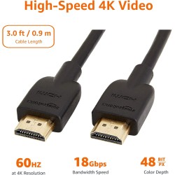 Amazon Basics Lot de 2 câbles HDMI 4K de 0,9 m - Haute performance 18 Gbps avec Ethernet, 4K@60Hz, 2160p, Noir, (0.9 m)
