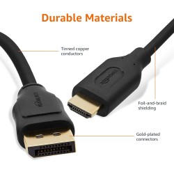 Amazon Basics Câble DisplayPort (Source) vers HDMI (écran), unidirectionnel, 4k à 30 Hz, 1920x1200, 1080p, connecteurs plaqués O