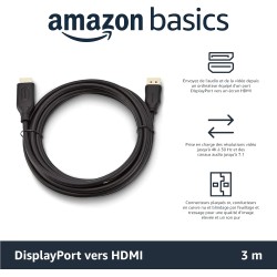 Amazon Basics Câble DisplayPort vers HDMI avec connecteurs plaqués Or - 3 m, Noir