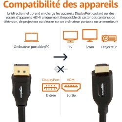 Amazon Basics Câble DisplayPort vers HDMI avec connecteurs plaqués Or - 7.6 m, Noir