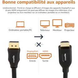 Amazon Basics Câble DisplayPort vers HDMI avec connecteurs plaqués Or - 7.6 m, Noir