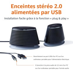 Amazon Basics Haut-parleurs stéréo 2.0 pour PC ou ordinateur portable, entrée auxiliaire 3,5 mm, alimentation USB, 1 paire, noir