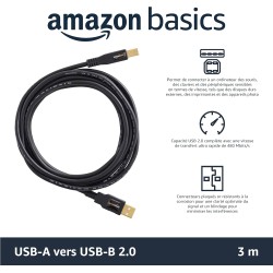 Amazon Basics Câble USB 2.0 A-mâle vers B-mâle avec connecteurs plaqué Or (3 m), Noir