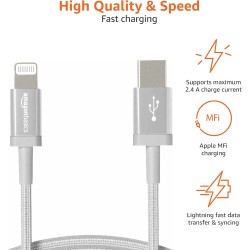 Amazon Basics Câble USB-A vers Lightning en nylon tressé Chargeur certifié MFi pour iPhone, 0.9 m, Argenté