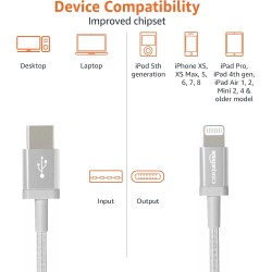 Amazon Basics Câble USB-A vers Lightning en nylon tressé Chargeur certifié MFi pour iPhone, 0.9 m, Argenté