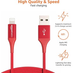 Amazon Basics Câble USB-A vers Lightning en nylon tressé Chargeur certifié MFi pour iPhone Rouge 1.8 m