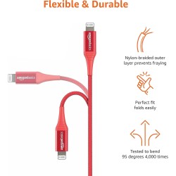 Amazon Basics Câble USB-A vers Lightning en nylon tressé Chargeur certifié MFi pour iPhone Rouge 1.8 m