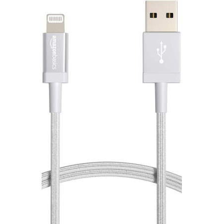 Amazon Basics Câble USB-A vers Lightning en nylon tressé Chargeur certifié MFi pour iPhone Argenté 1.8 m