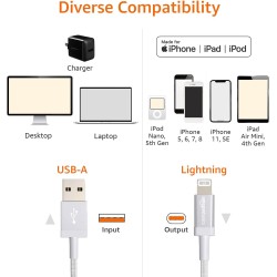 Amazon Basics Câble USB-A vers Lightning en nylon tressé Chargeur certifié MFi pour iPhone Argenté 1.8 m