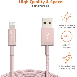 Amazon Basics Câble USB A vers Lightning en nylon tressé Chargeur certifié MFi pour iPhone Rose doré 0.9 m Lot de 2