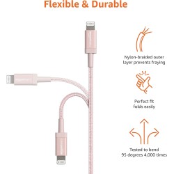 Amazon Basics Câble USB A vers Lightning en nylon tressé Chargeur certifié MFi pour iPhone Rose doré 0.9 m Lot de 2