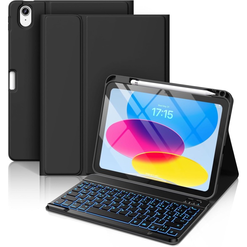 Vobafe Coque Clavier pour iPad A16 11/10 Ème Generation (11 Pouces 2025/10.9 Pouces 2022), Étui Keyboard 7 Couleurs Rétroéclairé