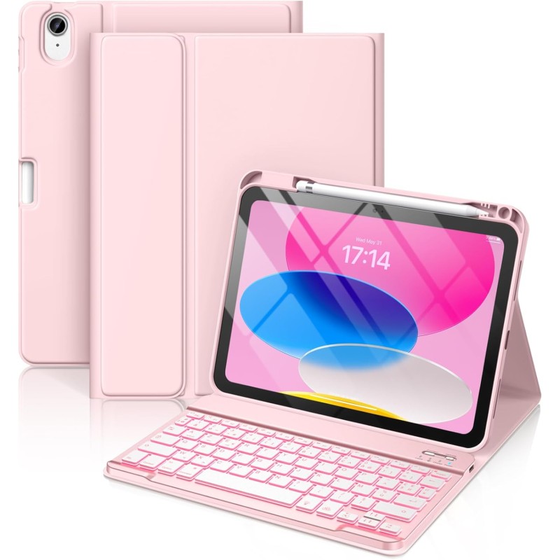 Vobafe Coque Clavier pour iPad A16 11/10 Ème Generation (11 Pouces 2025/10.9 Pouces 2022), Étui Keyboard 7 Couleurs Rétroéclairé