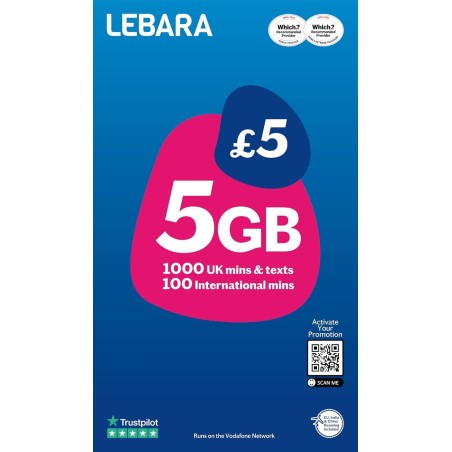 Lebara Carte SIM : 5 Go pour 2,50 £, moitié prix pour les 3 premiers mois, pas de contrat, appels britanniques, SMS et appels in