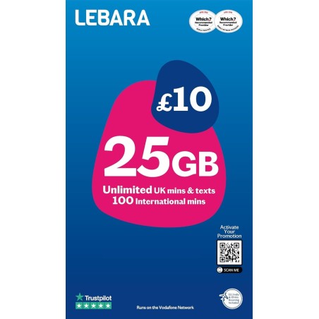 Lebara SIM : 20 Go pour 10 £, moitié prix 3 premiers mois, sans contrat. Activer, payer plus tard. Multi-taille, s'adapte à tous