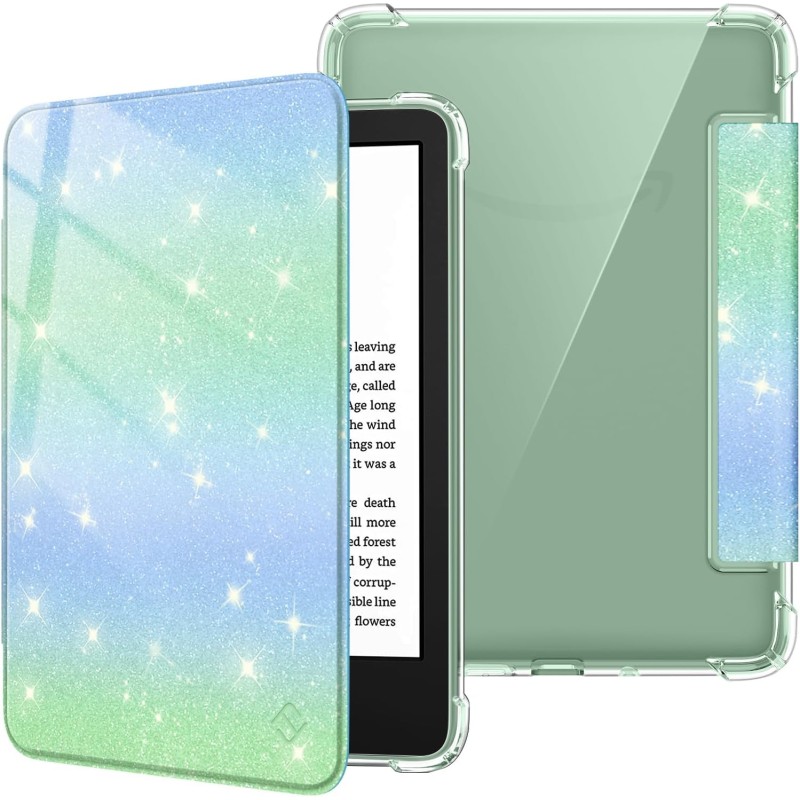 FINTIE Étui pour 6" Kindle (11e Génération, Modèle 2024/2022), Étui Transparent en TPU Souple Housse Veille/Réveil Auto, Vert/Bl