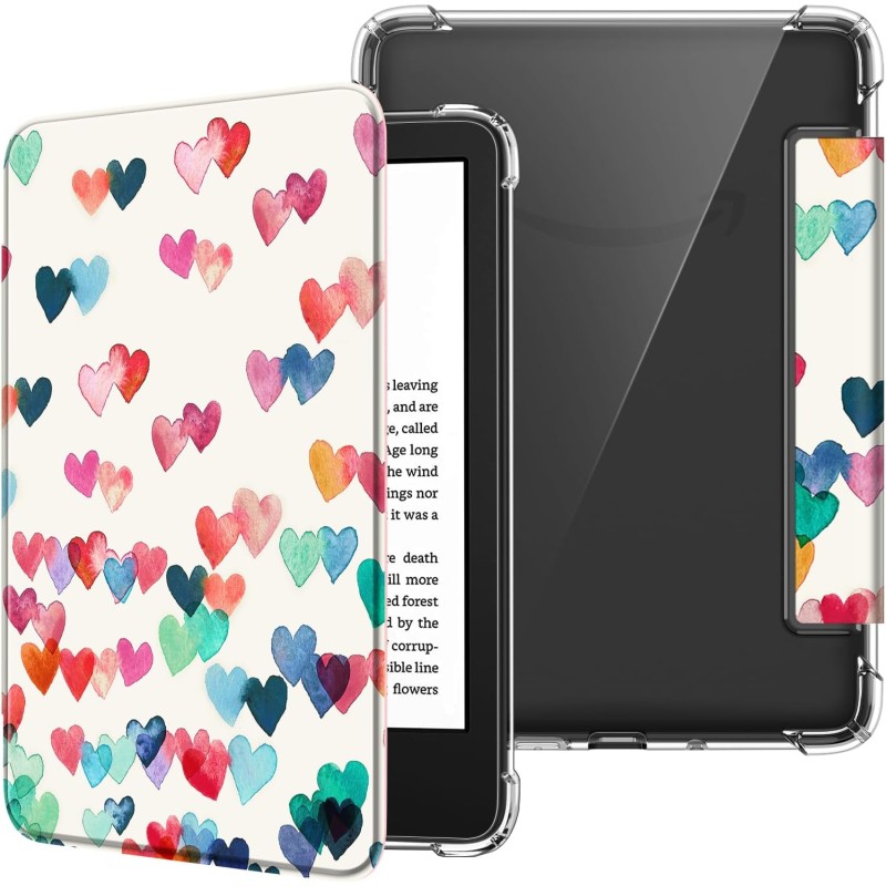 FINTIE Étui pour 6" Kindle (11e Génération, Modèle 2024/2022), Étui Transparent en TPU Souple Housse Veille/Réveil Auto, Coeurs 