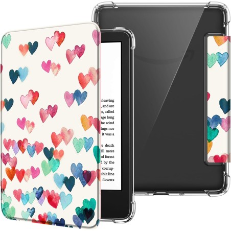 FINTIE Étui pour 6" Kindle (11e Génération, Modèle 2024/2022), Étui Transparent en TPU Souple Housse Veille/Réveil Auto, Coeurs 