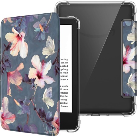 FINTIE Étui pour 6" Kindle (11e Génération, Modèle 2024/2022), Étui Transparent en TPU Souple Housse Veille/Réveil Auto, Fleur H