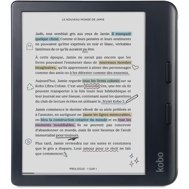 Kobo libra colour noir | liseuse ebook couleur | écran couleur e ink kaleido™ 3 sans reflets de 7" | option mode sombre | étanch