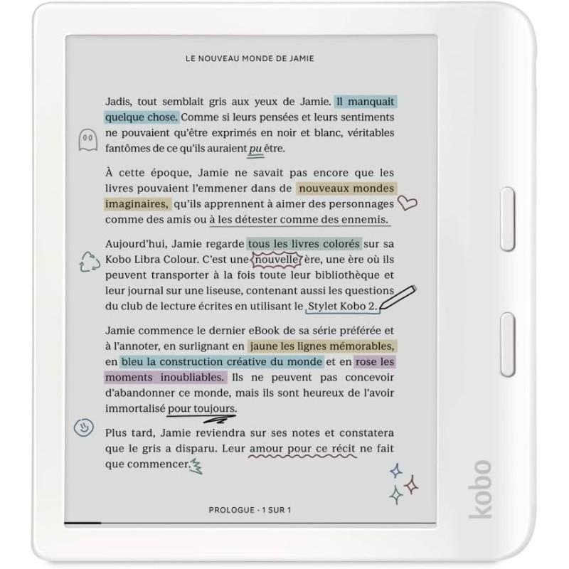 Kobo libra colour blanc | liseuse ebook couleur | écran couleur e ink kaleido™ 3 sans reflets de 7" | option mode sombre | étanc
