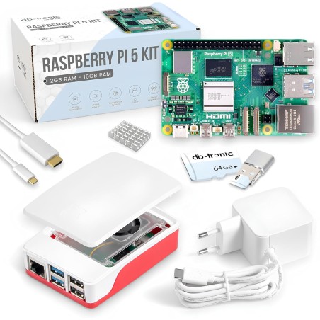 Raspberry Pi 5 2 Go Starter-Set | 64Go Edition | Alimentation USB-C 27 W | boîtier avec Ventilateur | 4K Câble Micro-HDMI 1 m | 