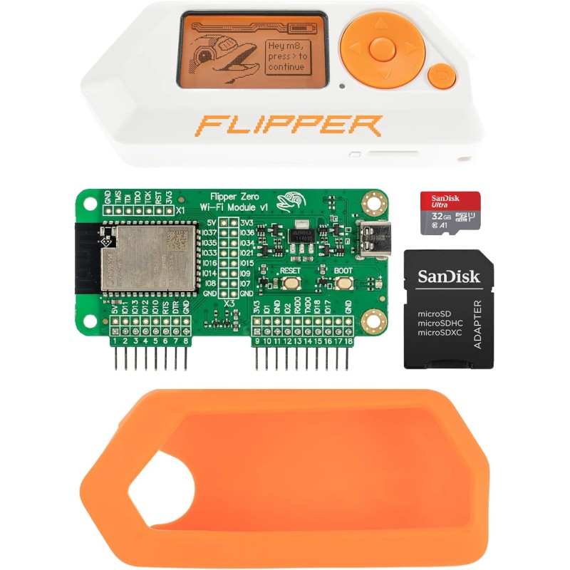 Flipper Zero Complete Kit — Flipper Zero | Carte de développement WiFi | Étui en Silicone | Carte MicroSD 32 Go | Adaptateur Mic