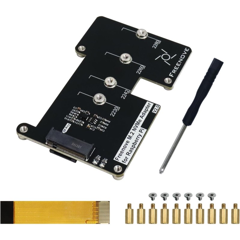 Freenove M.2 NVMe Adapter V2 for Raspberry Pi 5 (Without SSD), M.2 Hat Add-on Board, Solid State Drive Size 2230 2242 2260 2280,