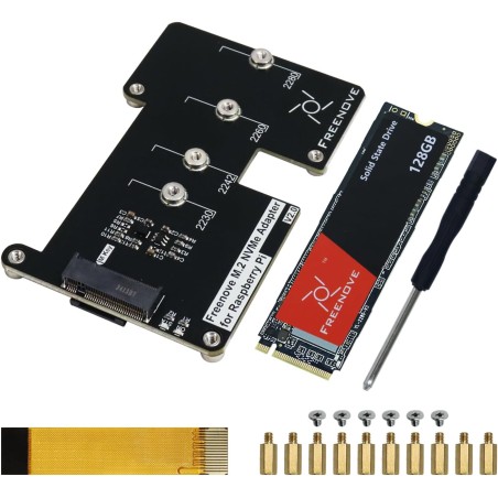 Freenove M.2 NVMe Adapter V2 for Raspberry Pi 5 (with 128GB SSD), M.2 Hat Add-on Board, Solid State Drive, PCIe 2.0/3.0, Tested 