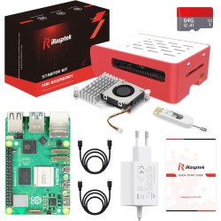 iRasptek Raspberry Pi 5 Kit de démarrage 4Go - Édition OS-Bookworm de 64Go préinstallée (boîtier Rouge et Blanc)