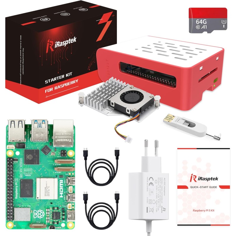 iRasptek Raspberry Pi 5 Kit de démarrage 4Go - Édition OS-Bookworm de 64Go préinstallée (boîtier Rouge et Blanc)