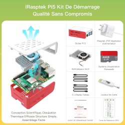 iRasptek Raspberry Pi 5 Kit de démarrage 4Go - Édition OS-Bookworm de 64Go préinstallée (boîtier Rouge et Blanc)