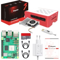 iRasptek Raspberry Pi 5 Kit de démarrage 8Go - Édition OS-Bookworm de 64Go préinstallée (boîtier Rouge et Blanc)