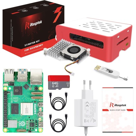 iRasptek Raspberry Pi 5 Kit de démarrage 8Go - Édition OS-Bookworm de 64Go préinstallée (boîtier Rouge et Blanc)