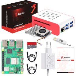 iRasptek Raspberry Pi 5 Kit de démarrage 16Go - Édition OS-Bookworm de 64Go préinstallée (boîtier Rouge et Blanc)