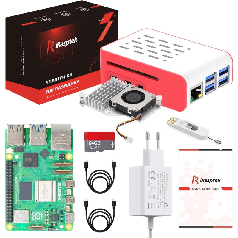iRasptek Raspberry Pi 5 Kit de démarrage 16Go - Édition OS-Bookworm de 64Go préinstallée (boîtier Rouge et Blanc)